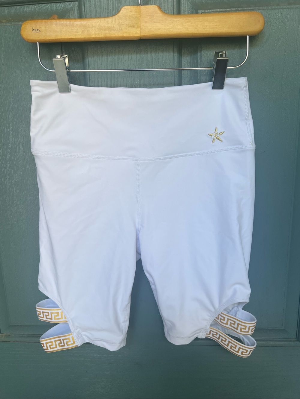 Rebel Athletics Women's White Athletic Shorts with Gold Greek Key Detail